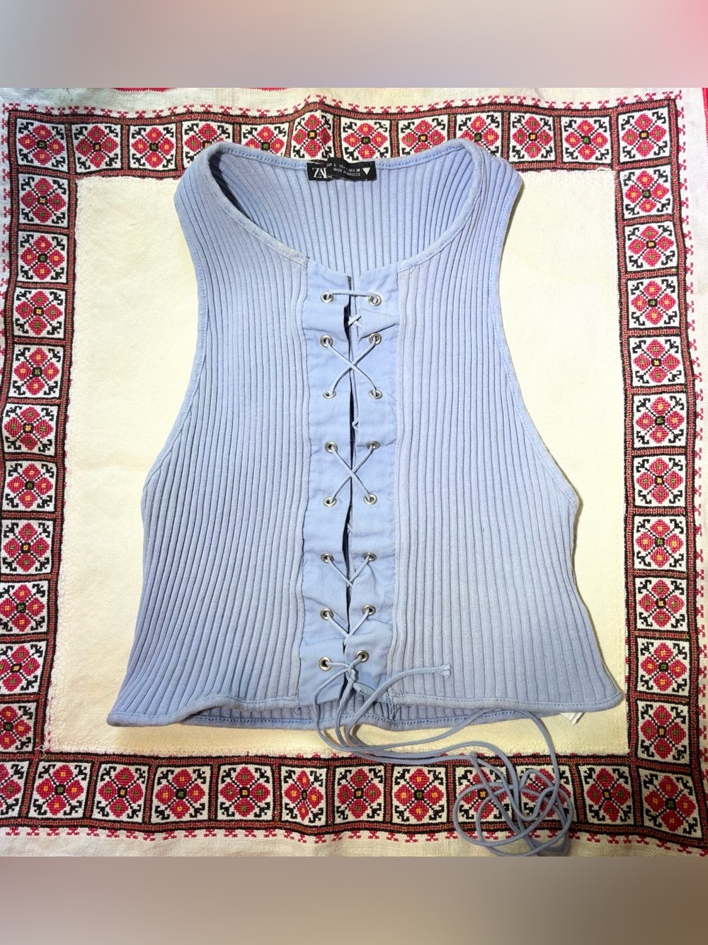 ZARA Light Blue Ribbed Lace-Up Tank